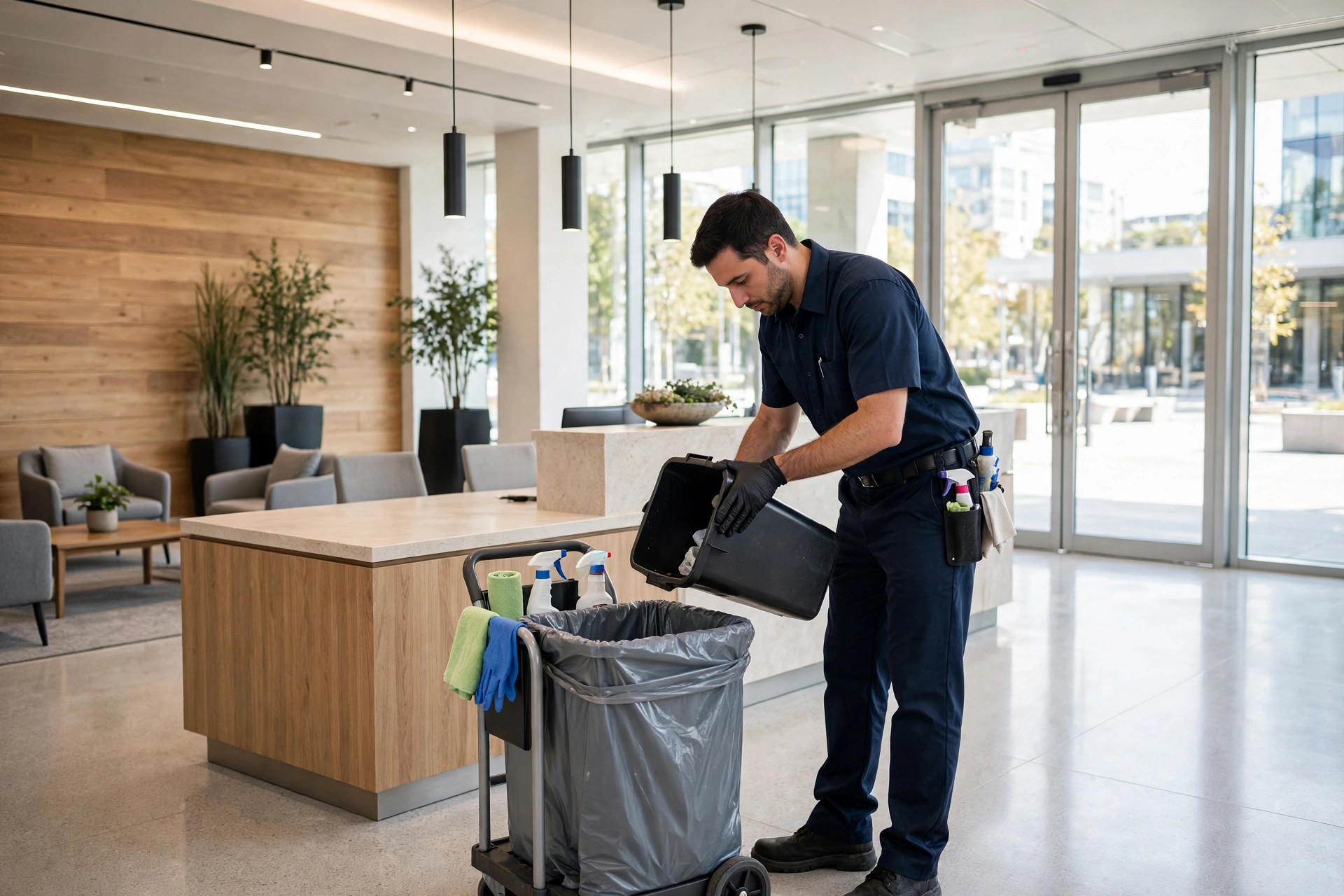 Day porter emptying a trash bin in a bright Orlando office lobby